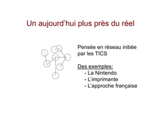 Un aujourd’hui plus près du réel

               Pensée en réseau initiée
               par les TICS

               Des exemples:
                 - La Nintendo
                 - L’imprimante
                 - L’approche française
 