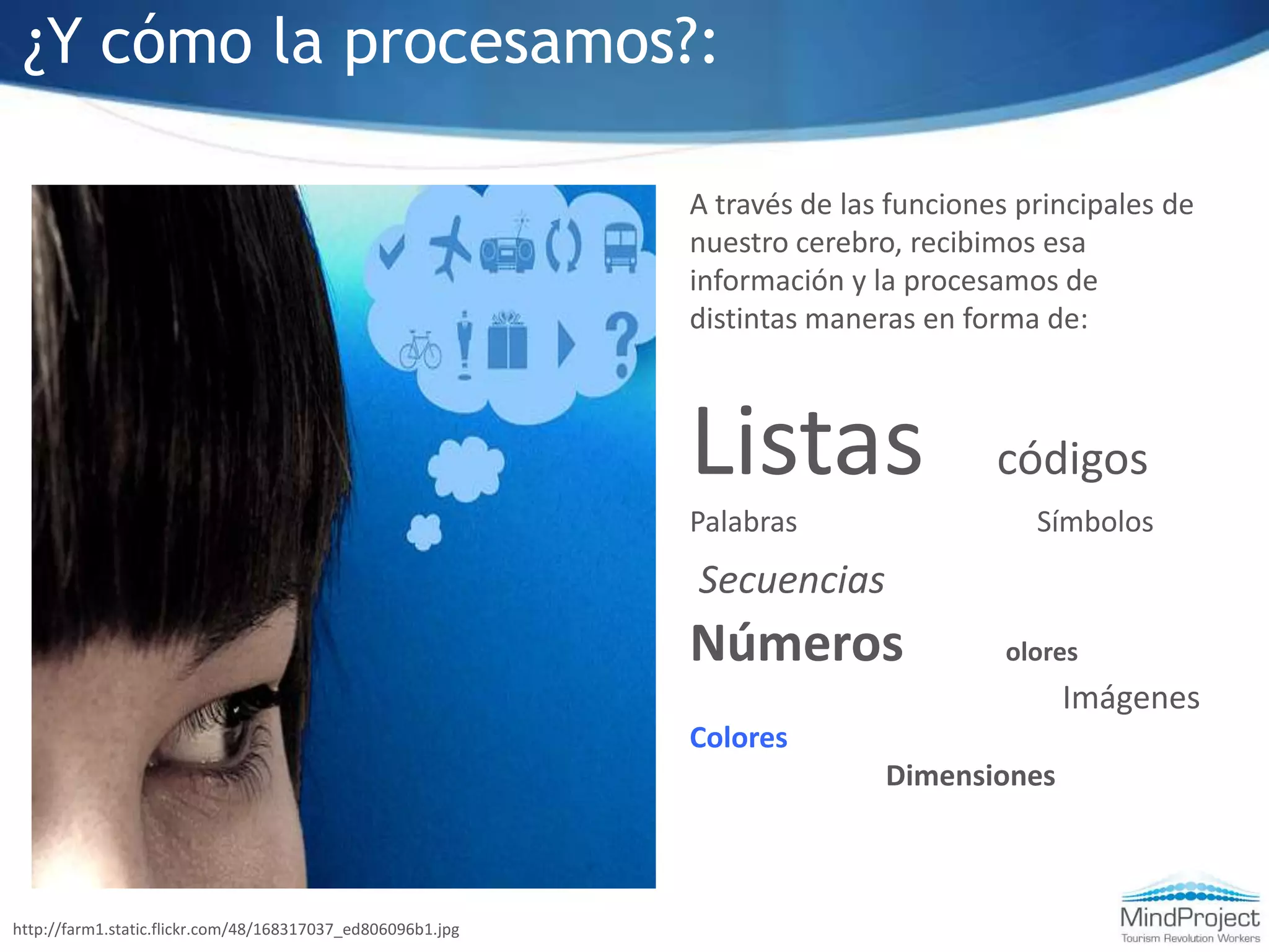 ¿Y cómo la procesamos?:A través de las funciones principales de nuestro cerebro, recibimos esa información y la procesamos de distintas maneras en forma de:Listas   códigosPalabras                                 Símbolos Secuencias                       Números        olores                                               ImágenesColores                                  Dimensioneshttp://farm1.static.flickr.com/48/168317037_ed806096b1.jpgConocimientos by