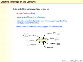 Creating Mindmaps on the Computer By the end of this session you should be able to: ,[object Object],[object Object],[object Object],[object Object],[object Object]