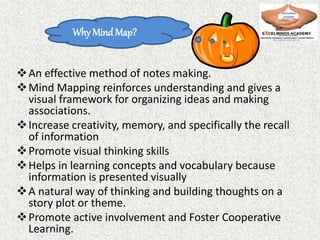 An effective method of notes making.
Mind Mapping reinforces understanding and gives a
visual framework for organizing ideas and making
associations.
Increase creativity, memory, and specifically the recall
of information
Promote visual thinking skills
Helps in learning concepts and vocabulary because
information is presented visually
A natural way of thinking and building thoughts on a
story plot or theme.
Promote active involvement and Foster Cooperative
Learning.
Why Mind Map?
 