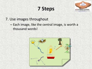 7 Steps
7. Use images throughout
– Each image, like the central image, is worth a
thousand words!
 