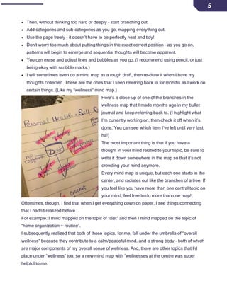 5
• Then, without thinking too hard or deeply – start branching out.
• Add categories and sub-categories as you go, mapping everything out.
• Use the page freely – it doesn’t have to be perfectly neat and tidy!
• Don’t worry too much about putting things in the exact correct position – as you go on,
patterns will begin to emerge and sequential thoughts will become apparent.
• You can erase and adjust lines and bubbles as you go. (I recommend using pencil, or just
being okay with scribble marks.)
• I will sometimes even do a mind map as a rough draft, then re-draw it when I have my
thoughts collected. These are the ones that I keep referring back to for months as I work on
certain things. (Like my “wellness” mind map.)
Here’s a close-up of one of the branches in the
wellness map that I made months ago in my bullet
journal and keep referring back to. (I highlight what
I’m currently working on, then check it off when it’s
done. You can see which item I’ve left until very last,
ha!)
The most important thing is that if you have a
thought in your mind related to your topic, be sure to
write it down somewhere in the map so that it’s not
crowding your mind anymore.
Every mind map is unique, but each one starts in the
center, and radiates out like the branches of a tree. If
you feel like you have more than one central topic on
your mind, feel free to do more than one map!
Oftentimes, though, I find that when I get everything down on paper, I see things connecting
that I hadn’t realized before.
For example: I mind mapped on the topic of “diet” and then I mind mapped on the topic of
“home organization + routine”.
I subsequently realized that both of those topics, for me, fall under the umbrella of “overall
wellness” because they contribute to a calm/peaceful mind, and a strong body – both of which
are major components of my overall sense of wellness. And, there are other topics that I’d
place under “wellness” too, so a new mind map with “wellnesses at the centre was super
helpful to me.
 