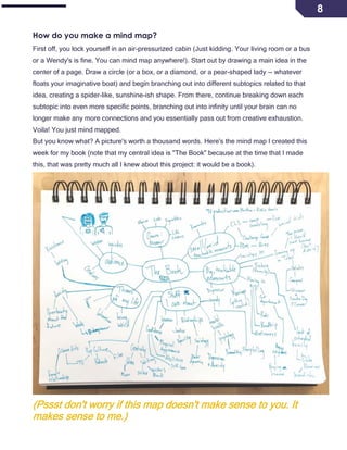 8
How do you make a mind map?
First off, you lock yourself in an air-pressurized cabin (Just kidding. Your living room or a bus
or a Wendy's is fine. You can mind map anywhere!). Start out by drawing a main idea in the
center of a page. Draw a circle (or a box, or a diamond, or a pear-shaped lady -- whatever
floats your imaginative boat) and begin branching out into different subtopics related to that
idea, creating a spider-like, sunshine-ish shape. From there, continue breaking down each
subtopic into even more specific points, branching out into infinity until your brain can no
longer make any more connections and you essentially pass out from creative exhaustion.
Voila! You just mind mapped.
But you know what? A picture's worth a thousand words. Here's the mind map I created this
week for my book (note that my central idea is "The Book" because at the time that I made
this, that was pretty much all I knew about this project: it would be a book).
(Pssst don't worry if this map doesn't make sense to you. It
makes sense to me.)
 