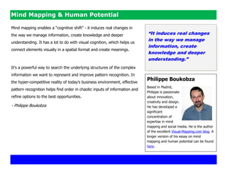 Mind Mapping & Human Potential

Mind mapping enables a ―cognitive shift‖ - it induces real changes in
the way we manage information, create knowledge and deeper                  “It induces real changes
                                                                            in the way we manage
understanding. It has a lot to do with visual cognition, which helps us
                                                                            information, create
connect elements visually in a spatial format and create meanings.
                                                                            knowledge and deeper
                                                                            understanding.”
It's a powerful way to search the underlying structures of the complex
information we want to represent and improve pattern recognition. In
                                                                            Philippe Boukobza
the hyper-competitive reality of today‘s business environment, effective
                                                                            Based in Madrid,
pattern recognition helps find order in chaotic inputs of information and
                                                                            Philippe is passionate
refine options to the best opportunities.                                   about innovation,
                                                                            creativity and design.
- Philippe Boukobza                                                         He has developed a
                                                                            significant
                                                                            concentration of
                                                                            expertise in mind
                                                                            mapping and social media. He is the author
                                                                            of the excellent Visual-Mapping.com blog. A
                                                                            longer version of his essay on mind
                                                                            mapping and human potential can be found
                                                                            here.
 