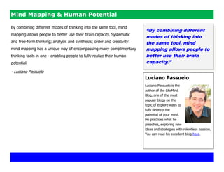 Mind Mapping & Human Potential

By combining different modes of thinking into the same tool, mind
                                                                        “By combining different
mapping allows people to better use their brain capacity. Systematic
                                                                        modes of thinking into
and free-form thinking; analysis and synthesis; order and creativity:   the same tool, mind
mind mapping has a unique way of encompassing many complimentary        mapping allows people to
thinking tools in one - enabling people to fully realize their human    better use their brain
potential.                                                              capacity.”

- Luciano Passuelo
                                                                        Luciano Passuelo
                                                                        Luciano Passuelo is the
                                                                        author of the LiteMind
                                                                        Blog, one of the most
                                                                        popular blogs on the
                                                                        topic of explore ways to
                                                                        fully develop the
                                                                        potential of your mind.
                                                                        He practices what he
                                                                        preaches, exploring new
                                                                        ideas and strategies with relentless passion.
                                                                        You can read his excellent blog here.
 