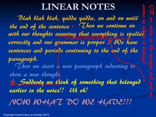 LINEAR NOTES
       Blah blah blah, yadda yadda, on and on until
                                       .
    the end of the sentence Then we continue on
   with our thoughts ensuring that everything is spelled
                          Or we write in very small on top of the line.
   correctly and our grammar is proper . We have
   sentences and periods continuing to the end of the
   paragraph.
      Then we start a new paragraph indenting to
    show a new thought.
        Suddenly we think of something that belonged
    earlier in the notes!! Uh oh!
    NOW WHAT DO WE HAVE???
Copyright CoachCathy.ca October 2010
 