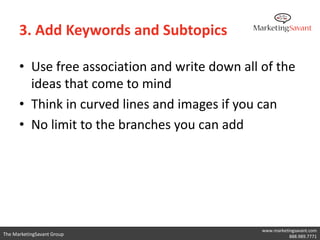 How to Mind Map
      4. Map Outside the Lines
      There’s a time and a place for 8 1/2 x 11” paper - mind
      maps aren’t one of them. Give yourself plenty of real
      estate to work with so that your ideas aren’t restricted by
      a tiny piece of paper. Try using ledger paper or better yet,
      an entire whiteboard wall.
      5. Remove Your Filter
      As you brainstorm, write down all of your thoughts. Even
      if your mind wanders off to what you’re having for dinner
      tonight, write it down. If you don’t, you’ll keep coming
      back to that thought until it is properly addressed. Write
      first, edit later.

                                                          www.marketingsavant.com
The MarketingSavant Group                                            888.989.7771
 