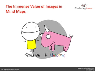 The Immense Value of Images in
      Mind Maps
      • We must overcome our inhibitions about drawing
        “bad images”
      • The brain has near perfect recall of images –
        recall of 2560 images with 85 – 95% accuracy
        (and that’s an “average” person…not
        photographic memory required)
      • Images are more evocative than words
      • Mind mapping can bridge the gap between
        images and words – the full power of a mind map
        is realized by having a central image vs. a word
                                                 www.marketingsavant.com
The MarketingSavant Group                                   888.989.7771
 