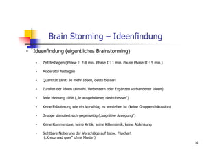 Brain Storming – Ideenfindung
• Ideenfindung (eigentliches Brainstorming)

   •   Zeit festlegen (Phase I: 7-8 min. Phase II: 1 min. Pause Phase III: 5 min.)

   •   Moderator festlegen

   •   Quantität zählt! Je mehr Ideen, desto besser!

   •   Zurufen der Ideen (einschl. Verbessern oder Ergänzen vorhandener Ideen)

   •   Jede Meinung zählt („Je ausgefallener, desto besser“)

   •   Keine Erläuterung wie ein Vorschlag zu verstehen ist (keine Gruppendiskussion)

   •   Gruppe stimuliert sich gegenseitig („kognitive Anregung“)

   •   Keine Kommentare, keine Kritik, keine Killermimik, keine Ablenkung

   •   Sichtbare Notierung der Vorschläge auf bspw. Flipchart
        („Kreuz und quer“ ohne Muster)
                                                                                        16
 