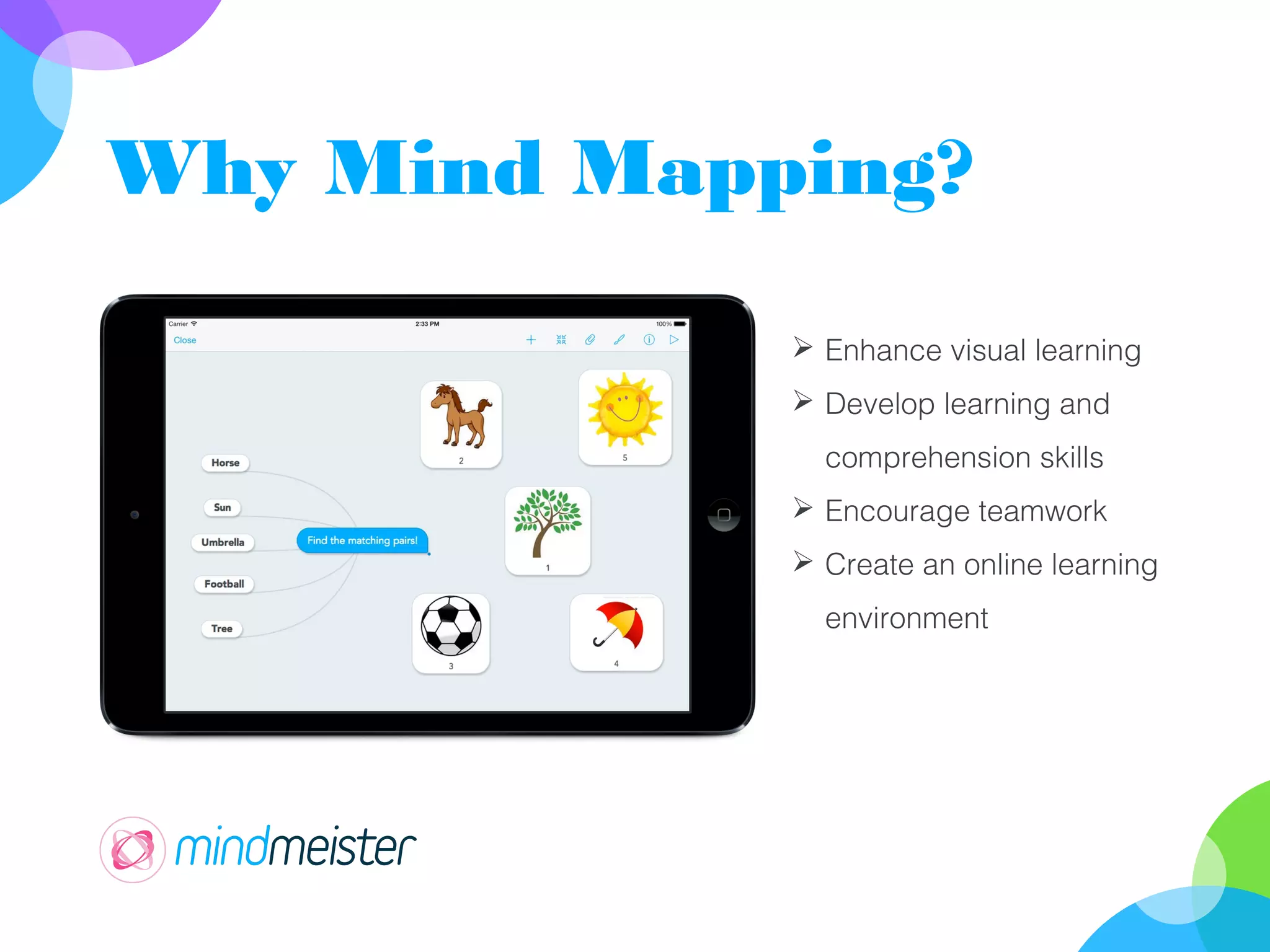 Why Mind Mapping?
Enhance visual learning
Develop learning and
comprehension skills
Encourage teamwork
Create an online learning
environment