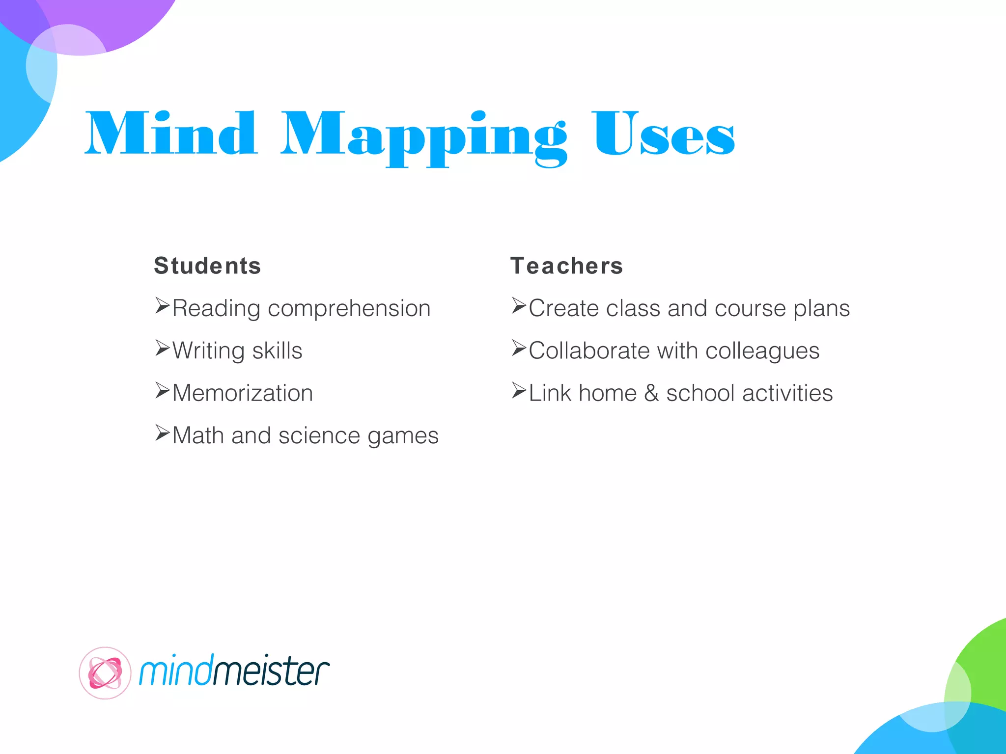 Mind Mapping Uses
Students
Reading comprehension
Writing skills
Memorization
Math and science games
Teachers
Create class and course plans
Collaborate with colleagues
Link home & school activities