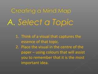 A. Select a Topic
1. Think of a visual that captures the
essence of that topic.
2. Place the visual in the centre of the
paper – using colours that will assist
you to remember that it is the most
important idea.
 