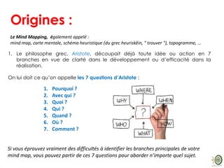 Le Mind Mapping, également appelé :
mind map, carte mentale, schéma heuristique (du grec heuriskêin, " trouver "), topogramme, …
1. Le philosophe grec, Aristote, découpait déjà toute idée ou action en 7
branches en vue de clarté dans le développement ou d’efficacité dans la
réalisation.
On lui doit ce qu’on appelle les 7 questions d’Aristote :
1. Pourquoi ?
2. Avec qui ?
3. Quoi ?
4. Qui ?
5. Quand ?
6. Où ?
7. Comment ?
Origines :
Si vous éprouvez vraiment des difficultés à identifier les branches principales de votre
mind map, vous pouvez partir de ces 7 questions pour aborder n’importe quel sujet.
 