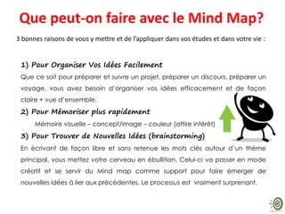 Que peut-on faire avec le Mind Map?
3 bonnes raisons de vous y mettre et de l’appliquer dans vos études et dans votre vie :
1) Pour Organiser Vos Idées Facilement
Que ce soit pour préparer et suivre un projet, préparer un discours, préparer un
voyage, vous avez besoin d’organiser vos idées efficacement et de façon
claire + vue d’ensemble.
2) Pour Mémoriser plus rapidement
Mémoire visuelle – concept/image – couleur (attire intérêt)
3) Pour Trouver de Nouvelles Idées (brainstorming)
En écrivant de façon libre et sans retenue les mots clés autour d’un thème
principal, vous mettez votre cerveau en ébullition. Celui-ci va passer en mode
créatif et se servir du Mind map comme support pour faire émerger de
nouvelles idées à lier aux précédentes. Le processus est vraiment surprenant.
 