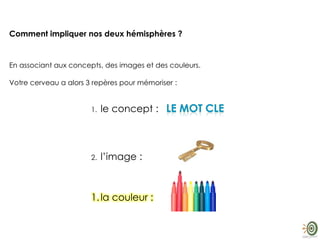 Comment impliquer nos deux hémisphères ?
En associant aux concepts, des images et des couleurs.
Votre cerveau a alors 3 repères pour mémoriser :
1. le concept :
2. l’image :
1.la couleur :
 