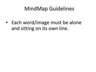 MindMap Guidelines <ul><li>Each word/image must be alone and sitting on its own line.  </li></ul>