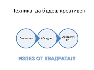 Техника да бъдеш креативен
ОБЕДИНИ
ГИ!
АбсурдноОчевидно
 