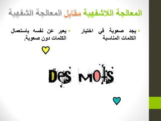 •‫ٌجد‬‫صعوبة‬ً‫ف‬‫اختٌار‬
‫الكلمات‬‫المناسبة‬
•‫ٌعبر‬‫عن‬‫نفسه‬‫باستعمال‬
‫ا‬‫لكلمات‬‫دون‬‫صعوبة‬.
 