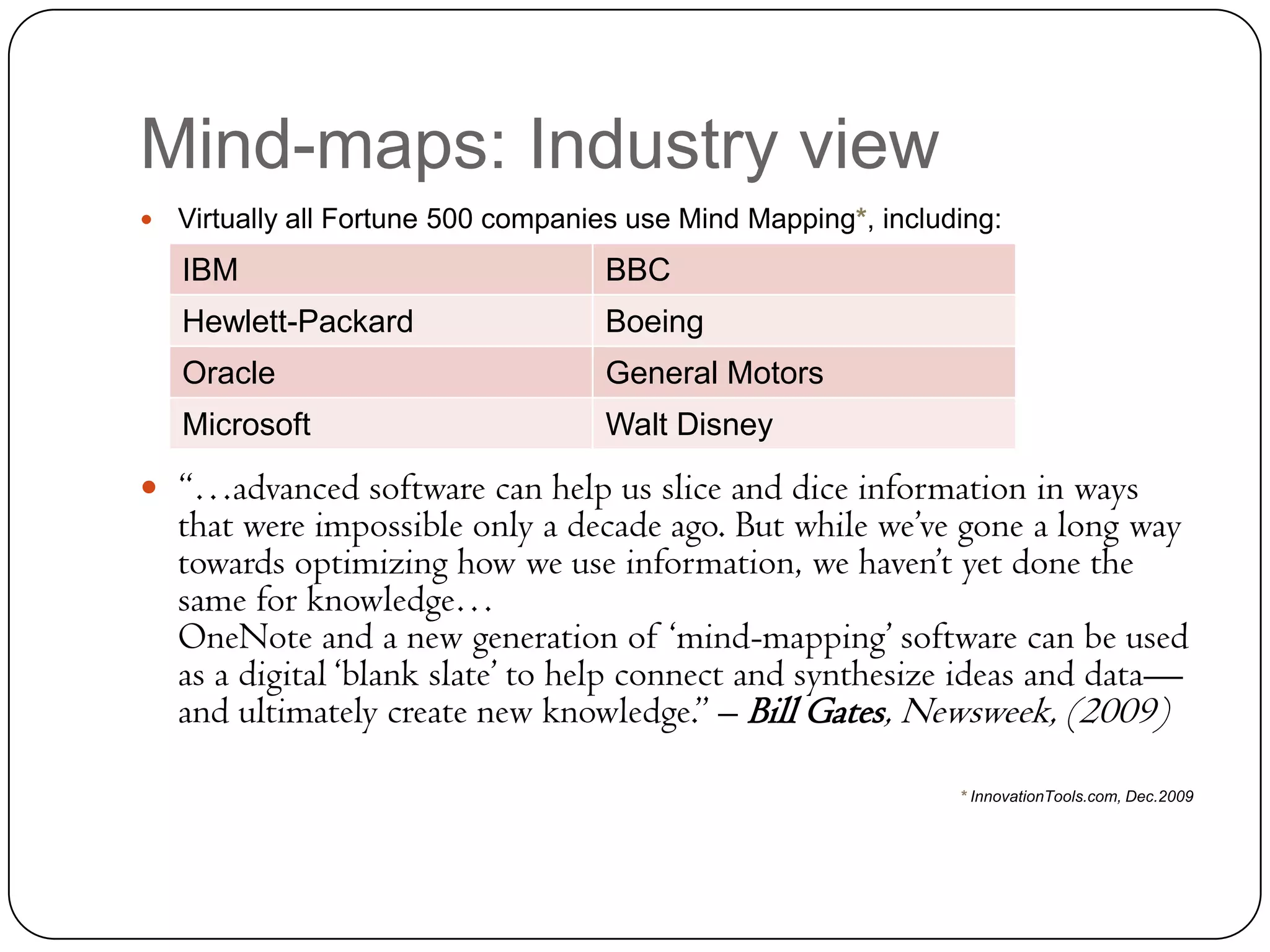Mind-maps: Industry view
   Virtually all Fortune 500 companies use Mind Mapping*, including:
    IBM                              BBC
    Hewlett-Packard                  Boeing
    Oracle                           General Motors
    Microsoft                        Walt Disney

 ―…advanced software can help us slice and dice information in ways
    that were impossible only a decade ago. But while we‘ve gone a long way
    towards optimizing how we use information, we haven‘t yet done the
    same for knowledge…
    OneNote and a new generation of ‗mind-mapping‘ software can be used
    as a digital ‗blank slate‘ to help connect and synthesize ideas and data—
    and ultimately create new knowledge.‖ – Bill Gates, Newsweek, (2009)

                                                                 * InnovationTools.com, Dec.2009
 