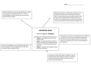 NAME: ___________________________
EXPLORING IDEAS
Horror subgenre: Vampires
Conventions we should try to consider and incl...