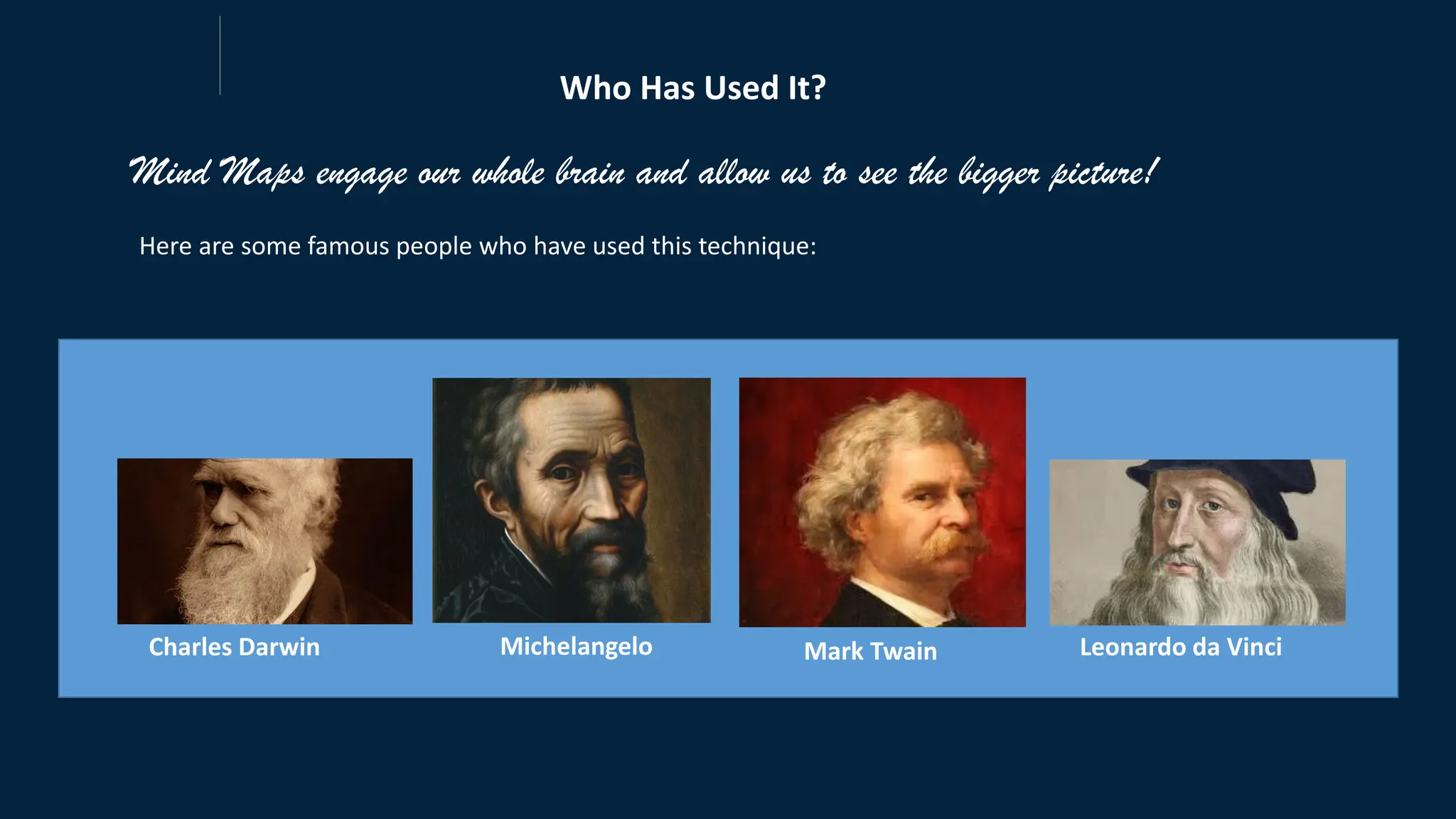 Who Has Used It?
Here are some famous people who have used this technique:
Charles Darwin Michelangelo Mark Twain Leonardo da Vinci
Mind Maps engage our whole brain and allow us to see the bigger picture!
 