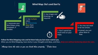 Mind Map: Do’s and Don’ts
1. Automate your
Mind Maps using
templates, if
needed.
2. Use multiple
colors
to differentiate
ideas from
each other.
3. Use images and
drawings, as
required.
Follow the Mind Mapping rules and let them help you but never restrict you.
When you do Mind Mapping, have clarity in your thoughts and ideas, and then, draw one without bothering about the rules.
“Always learn the rules so you can break them properly.” Dalai lama
1. Don’t spend too
much time on your
maps.
2. You may not need
to be too artistic.
• Instead, you just
allow ideas to
flow.
 