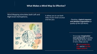 What Makes a Mind Map So Effective?
Mind Mapping stimulates both Left and
Right brain hemispheres.
It allows you to use both
sides of your brain at once
and lets you: - Develop a logical sequence
and detailed organization (a
quality of the Left Brain).
- Encourage imagination
and spontaneity (a quality
of the Right Brain), which
in turn, helps you to:
- Think outside the
box and to see the
bigger picture.
 