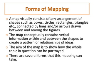 o A map visually consists of any arrangement of
shapes such as boxes, circles, rectangles, triangles
etc., connected by lines and/or arrows drawn
between and among the figures.
o The map conceptually contains verbal
information within and between the shapes to
create a pattern or relationships of ideas.
o The aim of the map is to show how the whole
topic in question can be portrayed.
o There are several forms that this mapping can
take.
 