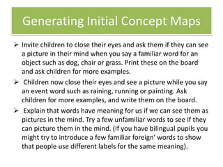 Generating Initial Concept Maps
 Invite children to close their eyes and ask them if they can see
a picture in their mind when you say a familiar word for an
object such as dog, chair or grass. Print these on the board
and ask children for more examples.
 Children now close their eyes and see a picture while you say
an event word such as raining, running or painting. Ask
children for more examples, and write them on the board.
 Explain that words have meaning for us if we can see them as
pictures in the mind. Try a few unfamiliar words to see if they
can picture them in the mind. (If you have bilingual pupils you
might try to introduce a few familiar foreign‘ words to show
that people use different labels for the same meaning).
 