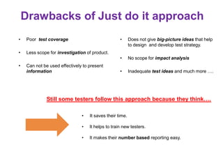 Drawbacks of Just do it approach
• Poor test coverage
• Less scope for investigation of product.
• Can not be used effecti...