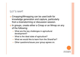 LET’S MAP!
Cmapping/Mmapping can be used both for
knowledge generation and capture, particularly
from a brainstorming or discussion session.
In groups, create either a Cmap or an Mmap on any
of the following:of the following:
What are the key challenges in agricultural
development?
What is the ideal state of agriculture?
What we would like to learn from the ShareFair?
Other questions/issues your group agrees on.
Jasmin Suministrado
suministrado@ilo.org
 