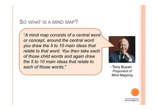 SO WHAT IS A MIND MAP?
“A mind map consists of a central word
or concept, around the central word
you draw the 5 to 10 main ideas that
relate to that word. You then take each
of those child words and again drawof those child words and again draw
the 5 to 10 main ideas that relate to
each of those words." - Tony Buzan
Proponent of
Mind Mapping
Jasmin Suministrado
suministrado@ilo.org
 