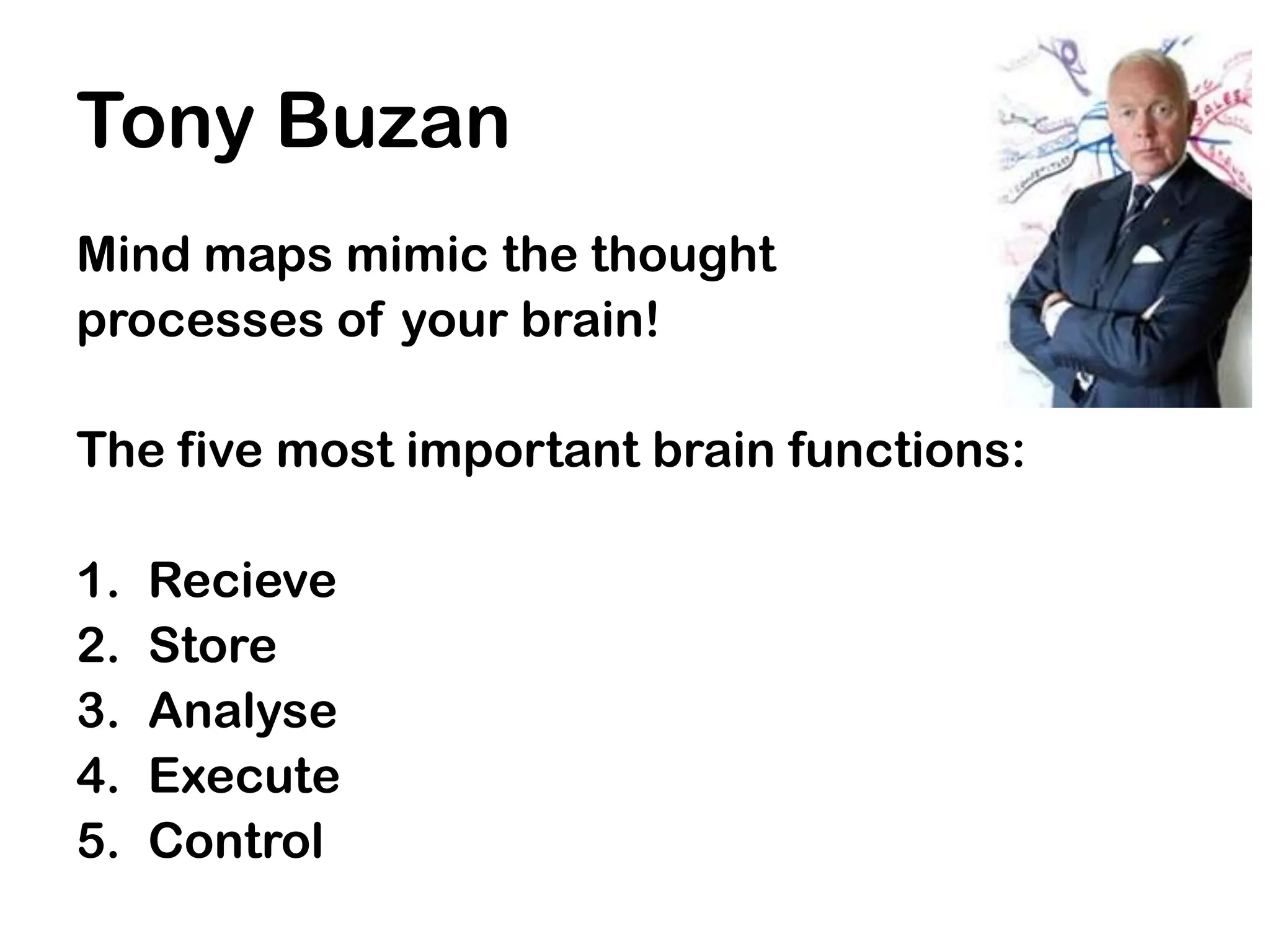 Tony Buzan
Mind maps mimic the thought
processes of your brain!

The five most important brain functions:

1.   Recieve
2.   Store
3.   Analyse
4.   Execute
5.   Control
 