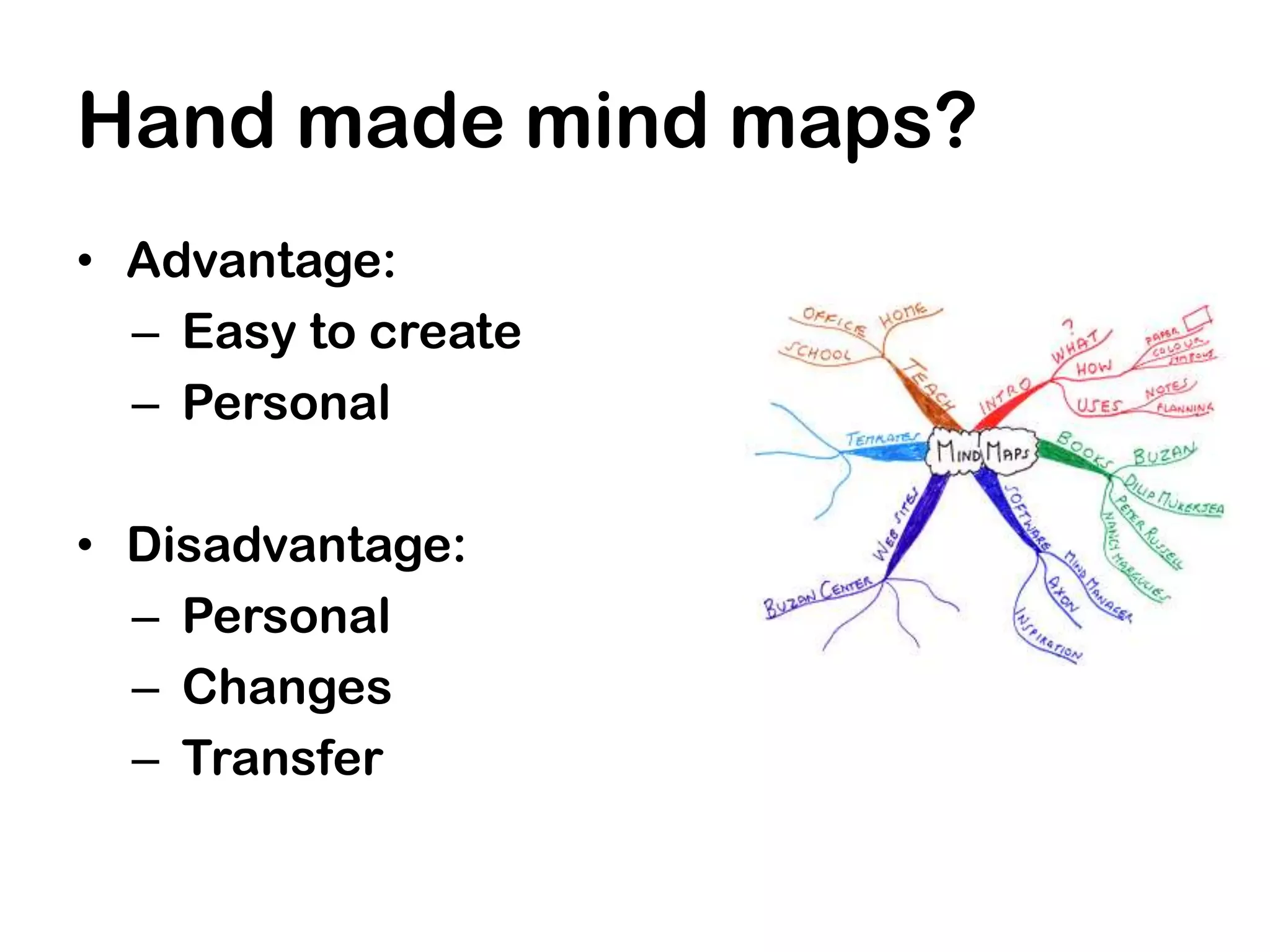 Hand made mind maps?
• Advantage:
  – Easy to create
  – Personal

• Disadvantage:
  – Personal
  – Changes
  – Transfer
 