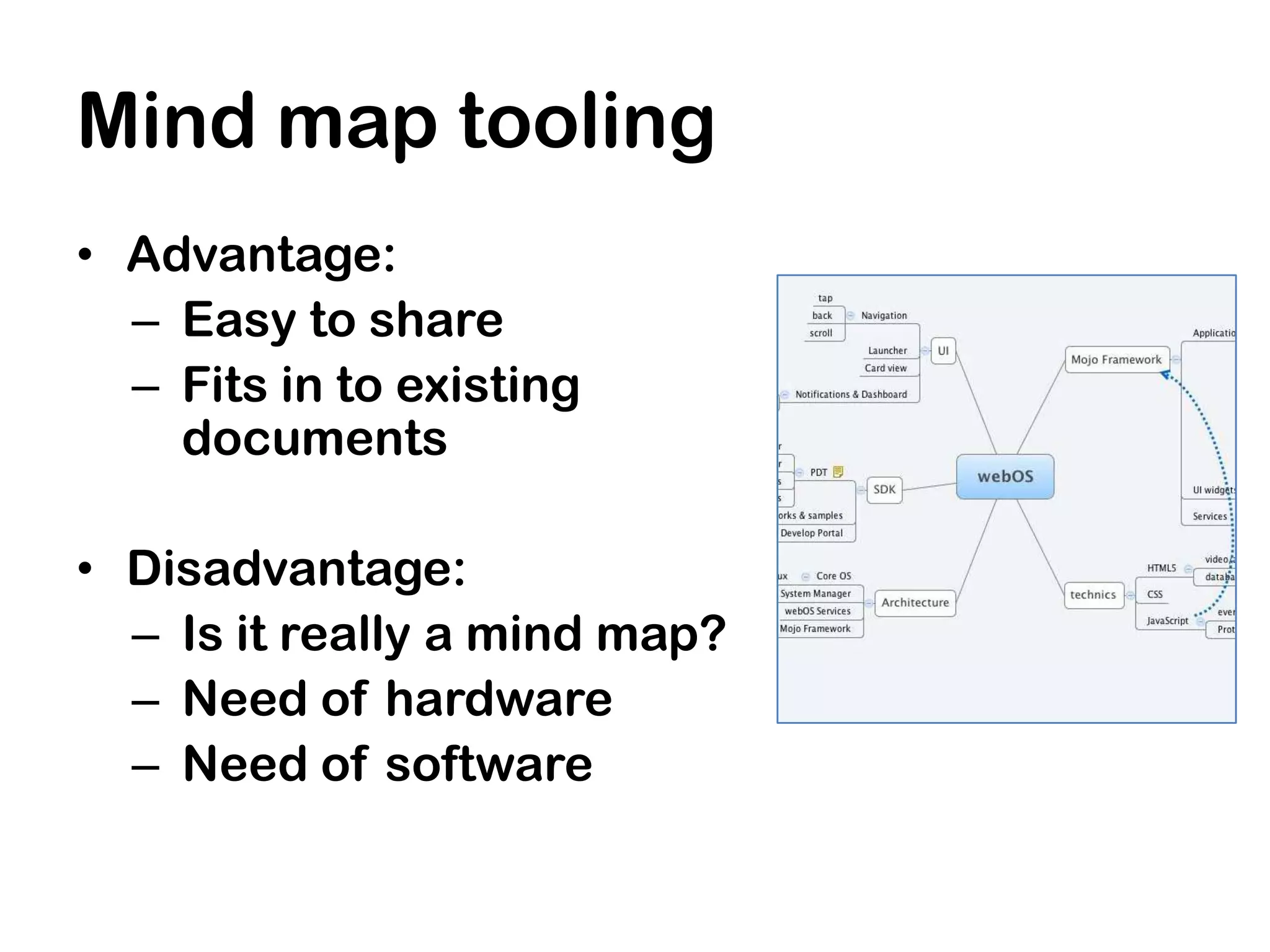 Mind map tooling
• Advantage:
  – Easy to share
  – Fits in to existing
    documents

• Disadvantage:
  – Is it really a mind map?
  – Need of hardware
  – Need of software
 