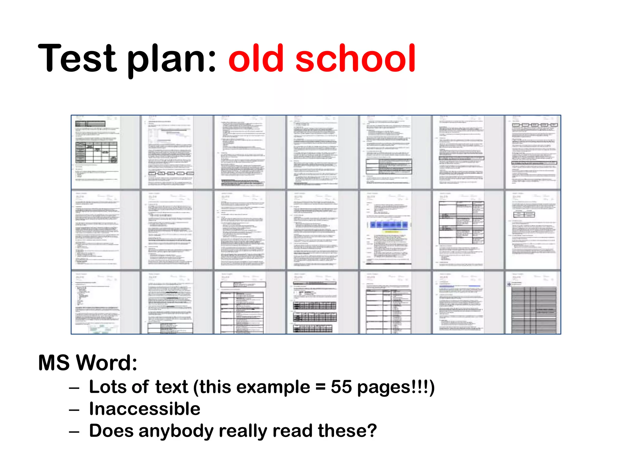 Test plan: old school




MS Word:
  – Lots of text (this example = 55 pages!!!)
  – Inaccessible
  – Does anybody really read these?
 
