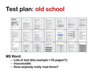 Test plan: old school




MS Word:
  – Lots of text (this example = 55 pages!!!)
  – Inaccessible
  – Does anybody really read these?
 