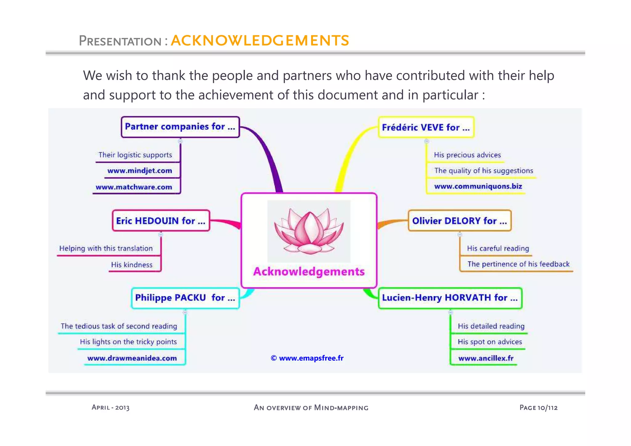 PagePagePagePage 10101010/112/112/112/112An overview of MindAn overview of MindAn overview of MindAn overview of Mind----mappingmappingmappingmappingAprilAprilAprilApril ---- 2013201320132013
PresentationPresentationPresentationPresentation: acknowledgementsacknowledgementsacknowledgementsacknowledgements
We wish to thank the people and partners who have contributed with their help
and support to the achievement of this document and in particular :
© www.emapsfree.fr
 