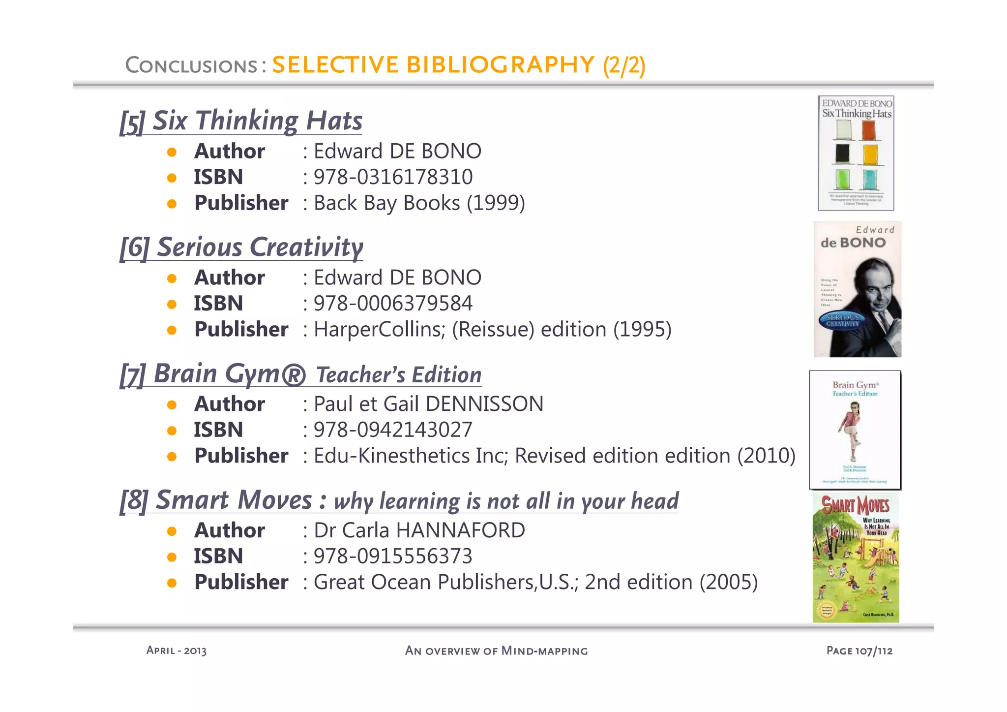 PagePagePagePage 107107107107/112/112/112/112An overview of MindAn overview of MindAn overview of MindAn overview of Mind----mappingmappingmappingmappingAprilAprilAprilApril ---- 2013201320132013
[5] Six Thinking Hats
● Author : Edward DE BONO
● ISBN : 978-0316178310
● Publisher : Back Bay Books (1999)
[6] Serious Creativity
● Author : Edward DE BONO
● ISBN : 978-0006379584
● Publisher : HarperCollins; (Reissue) edition (1995)
[7] Brain Gym® Teacher’s Edition
● Author : Paul et Gail DENNISSON
● ISBN : 978-0942143027
● Publisher : Edu-Kinesthetics Inc; Revised edition edition (2010)
[8] Smart Moves : why learning is not all in your head
● Author : Dr Carla HANNAFORD
● ISBN : 978-0915556373
● Publisher : Great Ocean Publishers,U.S.; 2nd edition (2005)
ConclusionsConclusionsConclusionsConclusions: selective bibliographyselective bibliographyselective bibliographyselective bibliography (2/2)(2/2)(2/2)(2/2)
 