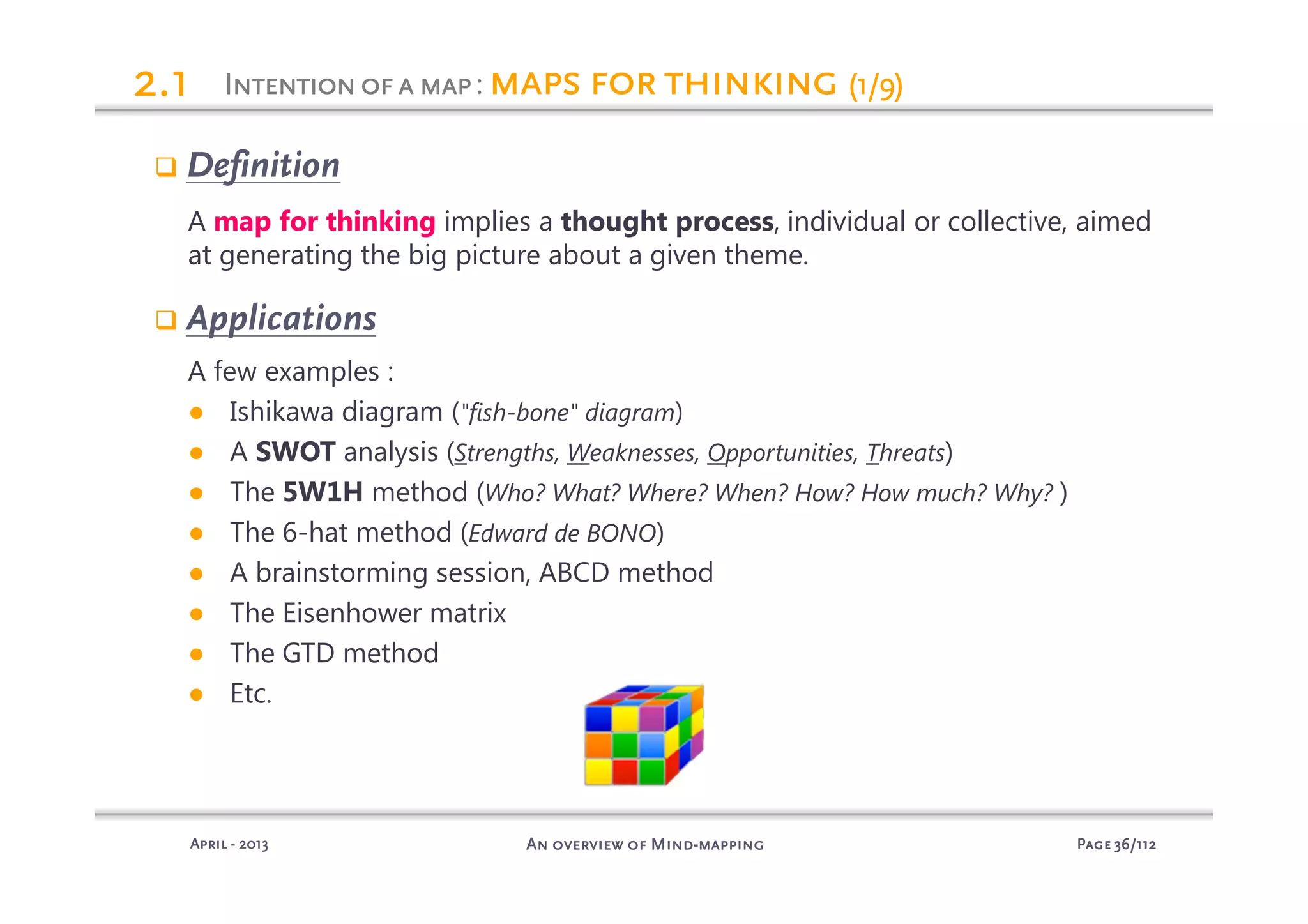 PagePagePagePage 36363636/112/112/112/112An overview of MindAn overview of MindAn overview of MindAn overview of Mind----mappingmappingmappingmappingAprilAprilAprilApril ---- 2013201320132013
Definition
A map for thinking implies a thought process, individual or collective, aimed
at generating the big picture about a given theme.
Applications
A few examples :
● Ishikawa diagram ("fish-bone" diagram)
● A SWOT analysis (Strengths, Weaknesses, Opportunities, Threats)
● The 5W1H method (Who? What? Where? When? How? How much? Why? )
● The 6-hat method (Edward de BONO)
● A brainstorming session, ABCD method
● The Eisenhower matrix
● The GTD method
● Etc.
IIIIntentionofantentionofantentionofantentionofa mapmapmapmap: mapsmapsmapsmaps forforforfor thinkingthinkingthinkingthinking (1/9)(1/9)(1/9)(1/9)2222.1.1.1.1
 