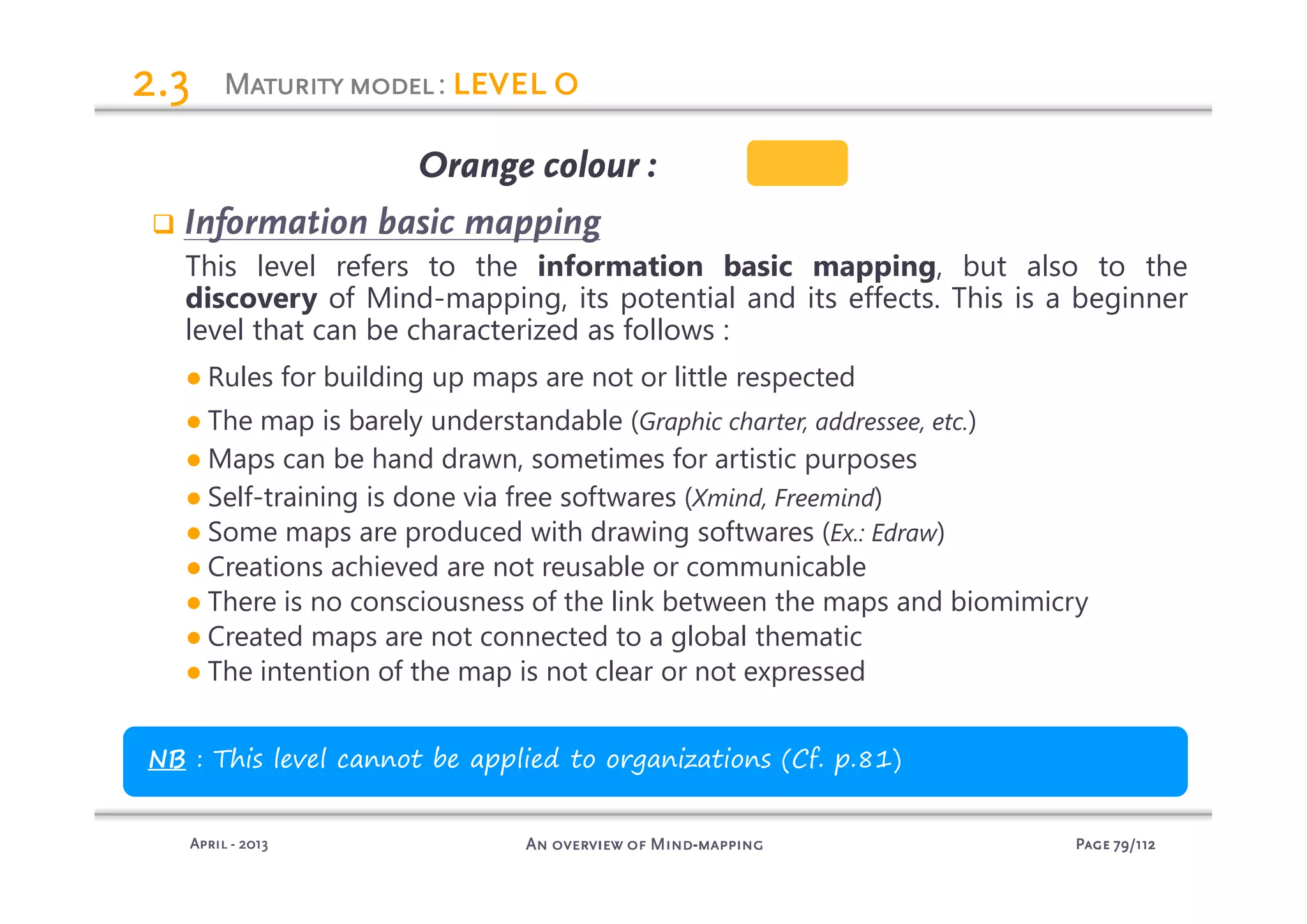 PagePagePagePage 79797979/112/112/112/112An overview of MindAn overview of MindAn overview of MindAn overview of Mind----mappingmappingmappingmappingAprilAprilAprilApril ---- 2013201320132013
MaturitymodelMaturitymodelMaturitymodelMaturitymodel: level 0level 0level 0level 02.32.32.32.3
Information basic mapping
This level refers to the information basic mapping, but also to the
discovery of Mind-mapping, its potential and its effects. This is a beginner
level that can be characterized as follows :
● Rules for building up maps are not or little respected
● The map is barely understandable (Graphic charter, addressee, etc.)
● Maps can be hand drawn, sometimes for artistic purposes
● Self-training is done via free softwares (Xmind, Freemind)
● Some maps are produced with drawing softwares (Ex.: Edraw)
● Creations achieved are not reusable or communicable
● There is no consciousness of the link between the maps and biomimicry
● Created maps are not connected to a global thematic
● The intention of the map is not clear or not expressed
Orange colourOrange colourOrange colourOrange colour :
NB : This level cannot be applied to organizations (Cf. p.81)
 