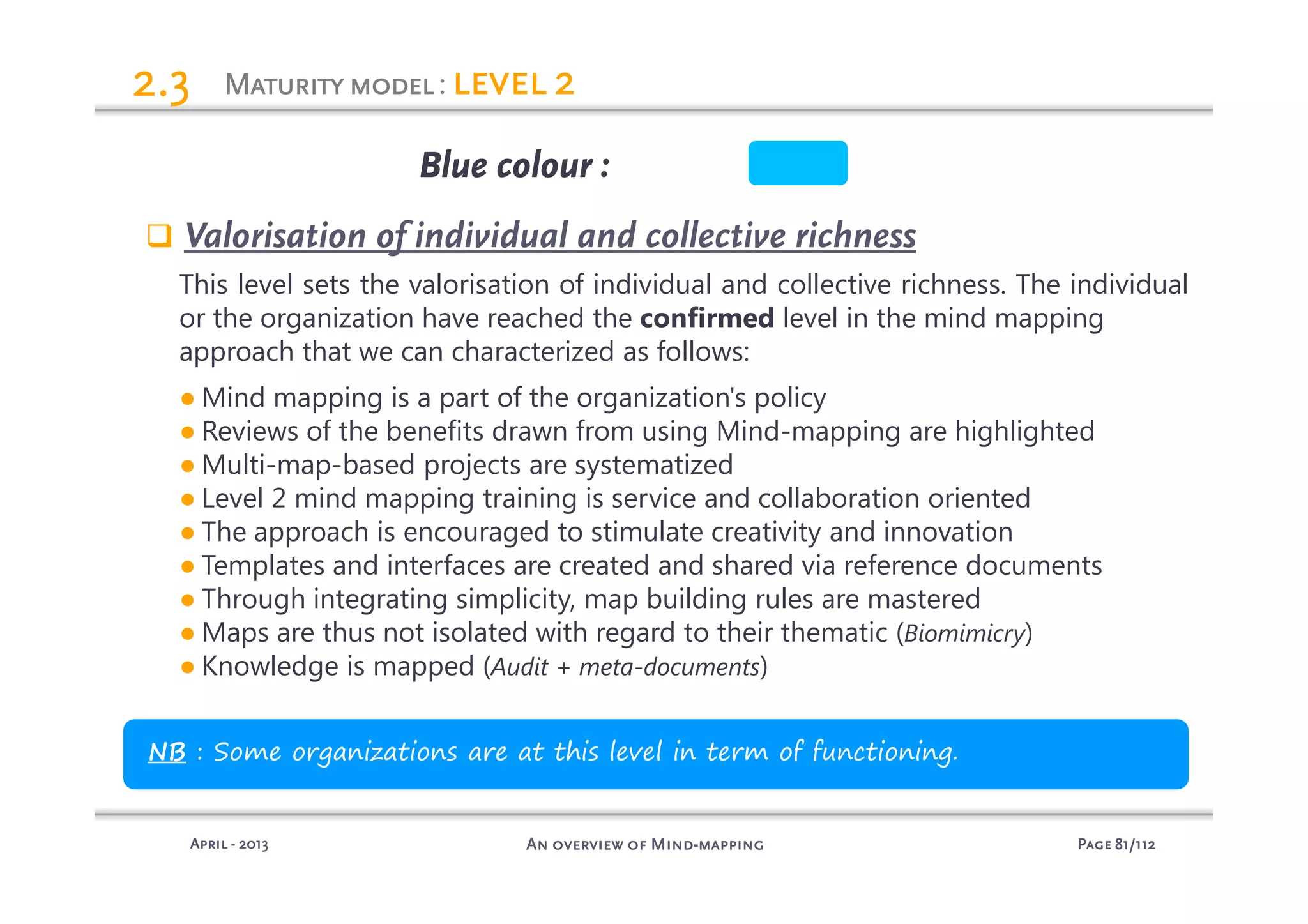 PagePagePagePage 81818181/112/112/112/112An overview of MindAn overview of MindAn overview of MindAn overview of Mind----mappingmappingmappingmappingAprilAprilAprilApril ---- 2013201320132013
MaturitymodelMaturitymodelMaturitymodelMaturitymodel: level 2level 2level 2level 22.32.32.32.3
Blue colourBlue colourBlue colourBlue colour :
Valorisation of individual and collective richness
This level sets the valorisation of individual and collective richness. The individual
or the organization have reached the confirmed level in the mind mapping
approach that we can characterized as follows:
● Mind mapping is a part of the organization's policy
● Reviews of the benefits drawn from using Mind-mapping are highlighted
● Multi-map-based projects are systematized
● Level 2 mind mapping training is service and collaboration oriented
● The approach is encouraged to stimulate creativity and innovation
● Templates and interfaces are created and shared via reference documents
● Through integrating simplicity, map building rules are mastered
● Maps are thus not isolated with regard to their thematic (Biomimicry)
● Knowledge is mapped (Audit + meta-documents)
NB : Some organizations are at this level in term of functioning.
 