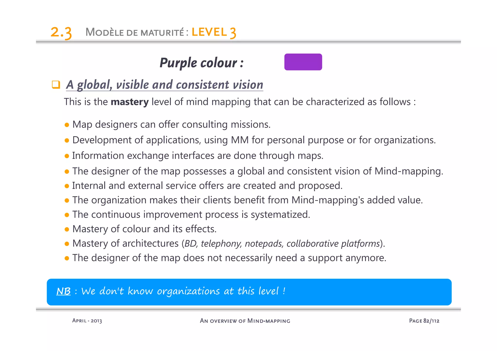 PagePagePagePage 82828282/112/112/112/112An overview of MindAn overview of MindAn overview of MindAn overview of Mind----mappingmappingmappingmappingAprilAprilAprilApril ---- 2013201320132013
ModèledematuritéModèledematuritéModèledematuritéModèledematurité: level 3level 3level 3level 32.32.32.32.3
A global, visible and consistent vision
This is the mastery level of mind mapping that can be characterized as follows :
● Map designers can offer consulting missions.
● Development of applications, using MM for personal purpose or for organizations.
● Information exchange interfaces are done through maps.
● The designer of the map possesses a global and consistent vision of Mind-mapping.
● Internal and external service offers are created and proposed.
● The organization makes their clients benefit from Mind-mapping's added value.
● The continuous improvement process is systematized.
● Mastery of colour and its effects.
● Mastery of architectures (BD, telephony, notepads, collaborative platforms).
● The designer of the map does not necessarily need a support anymore.
Purple colourPurple colourPurple colourPurple colour :
NB : We don't know organizations at this level !
 