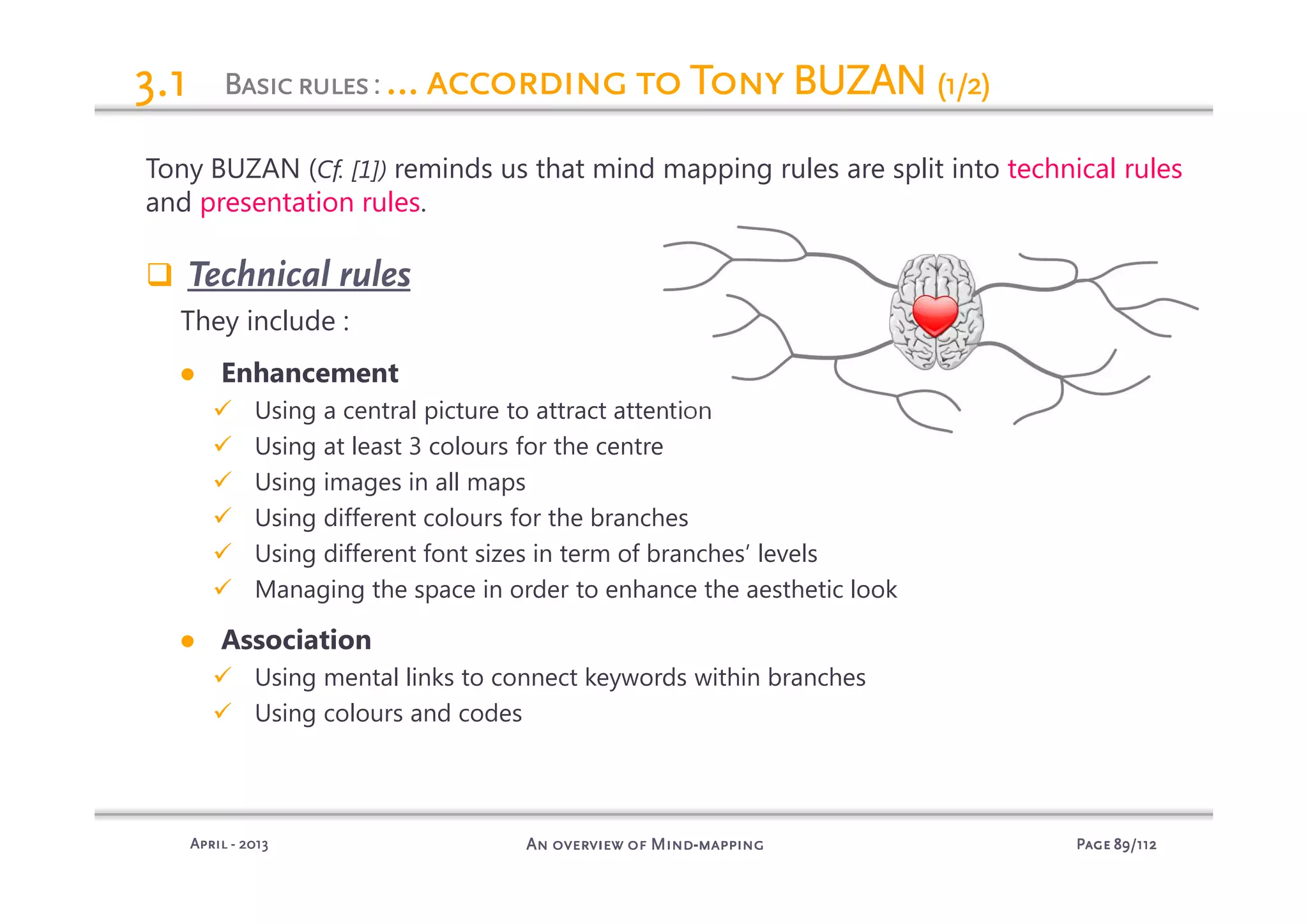 PagePagePagePage 89898989/112/112/112/112An overview of MindAn overview of MindAn overview of MindAn overview of Mind----mappingmappingmappingmappingAprilAprilAprilApril ---- 2013201320132013
BasicrulesBasicrulesBasicrulesBasicrules: … according to Tony BUZAN… according to Tony BUZAN… according to Tony BUZAN… according to Tony BUZAN (1/2)(1/2)(1/2)(1/2)3.13.13.13.1
Tony BUZAN (Cf. [1]) reminds us that mind mapping rules are split into technical rules
and presentation rules.
Technical rules
They include :
● Enhancement
Using a central picture to attract attention
Using at least 3 colours for the centre
Using images in all maps
Using different colours for the branches
Using different font sizes in term of branches’ levels
Managing the space in order to enhance the aesthetic look
● Association
Using mental links to connect keywords within branches
Using colours and codes
 