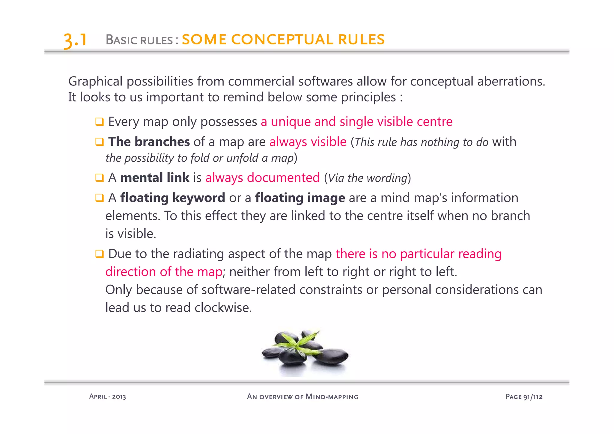 PagePagePagePage 91919191/112/112/112/112An overview of MindAn overview of MindAn overview of MindAn overview of Mind----mappingmappingmappingmappingAprilAprilAprilApril ---- 2013201320132013
BasicrulesBasicrulesBasicrulesBasicrules: some conceptual rulessome conceptual rulessome conceptual rulessome conceptual rules3.13.13.13.1
Graphical possibilities from commercial softwares allow for conceptual aberrations.
It looks to us important to remind below some principles :
Every map only possesses a unique and single visible centre
The branches of a map are always visible (This rule has nothing to do with
the possibility to fold or unfold a map)
A mental link is always documented (Via the wording)
A floating keyword or a floating image are a mind map's information
elements. To this effect they are linked to the centre itself when no branch
is visible.
Due to the radiating aspect of the map there is no particular reading
direction of the map; neither from left to right or right to left.
Only because of software-related constraints or personal considerations can
lead us to read clockwise.
 