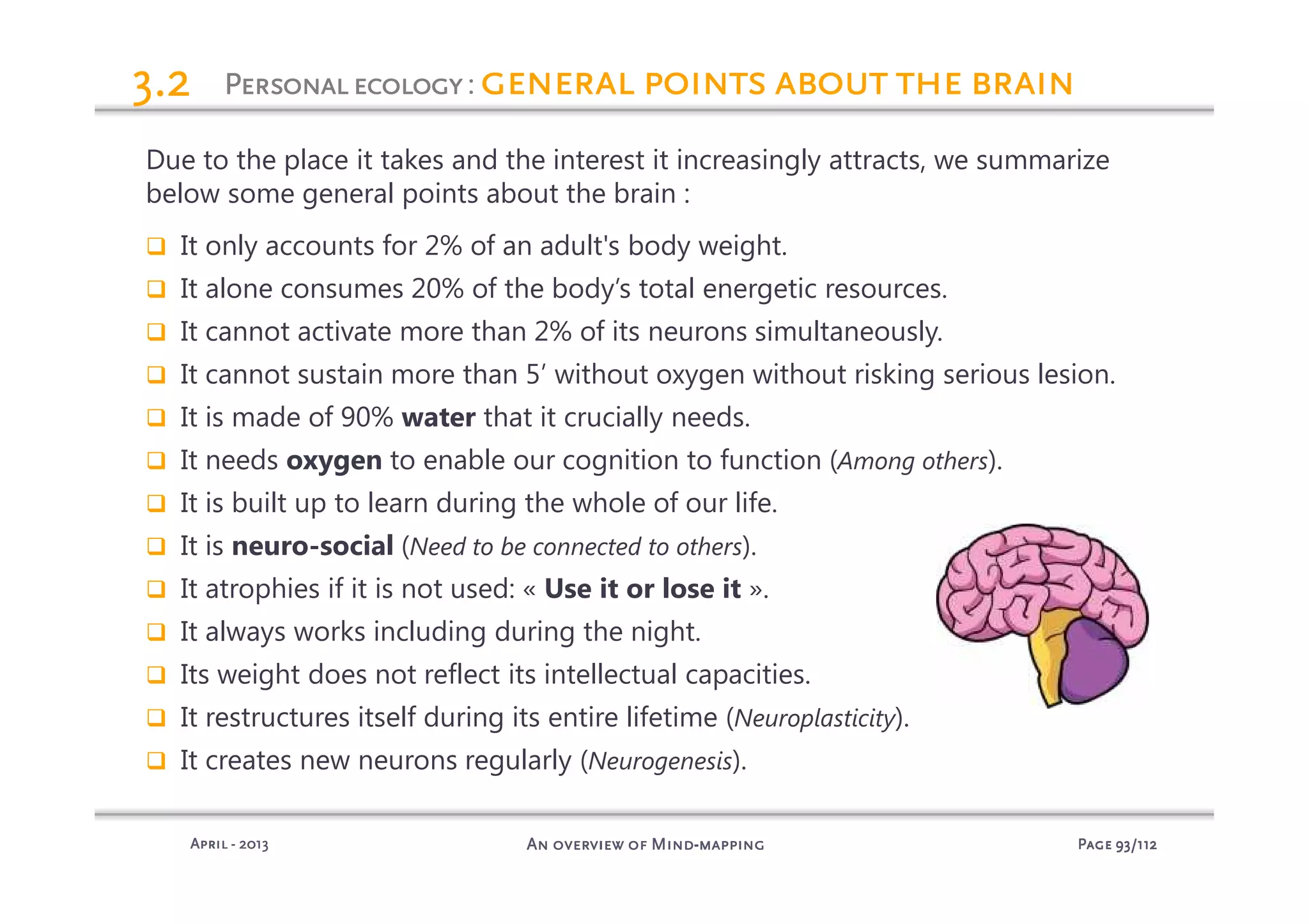 PagePagePagePage 93939393/112/112/112/112An overview of MindAn overview of MindAn overview of MindAn overview of Mind----mappingmappingmappingmappingAprilAprilAprilApril ---- 2013201320132013
PersonalecologyPersonalecologyPersonalecologyPersonalecology: general points about the braingeneral points about the braingeneral points about the braingeneral points about the brain3.23.23.23.2
Due to the place it takes and the interest it increasingly attracts, we summarize
below some general points about the brain :
It only accounts for 2% of an adult's body weight.
It alone consumes 20% of the body’s total energetic resources.
It cannot activate more than 2% of its neurons simultaneously.
It cannot sustain more than 5’ without oxygen without risking serious lesion.
It is made of 90% water that it crucially needs.
It needs oxygen to enable our cognition to function (Among others).
It is built up to learn during the whole of our life.
It is neuro-social (Need to be connected to others).
It atrophies if it is not used: « Use it or lose it ».
It always works including during the night.
Its weight does not reflect its intellectual capacities.
It restructures itself during its entire lifetime (Neuroplasticity).
It creates new neurons regularly (Neurogenesis).
 