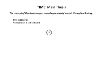 TIME: Main ThesisThe concept of time has changed according to society’s needs throughout history.Pre-industrialindependent & self-sufficient