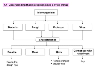 1.1 Understanding that microorganism is a living things
Microorganism
Bacteria Fungi Protozua Virus
Cannot see with
naked eyes
GrowMoveBreathe
Characteristics
Cause the
dough rise
• Rotten oranges
• Mouldy rice
tiny
 