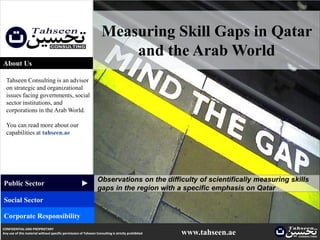 Measuring Skill Gaps in Qatar
                                                                        and the Arab World
About Us

  Tahseen Consulting is an advisor
  on strategic and organizational
  issues facing governments, social
  sector institutions, and
  corporations in the Arab World.

  You can read more about our
  capabilities at tahseen.ae




                                                                 Observations on the difficulty of scientifically measuring skills
                                                     ▲




Public Sector
                                                                 gaps in the region with a specific emphasis on Qatar
Social Sector

Corporate Responsibility
CONFIDENTIAL AND PROPRIETARY
Any use of this material without specific permission of Tahseen Consulting is strictly prohibited   www.tahseen.ae           | 1
 