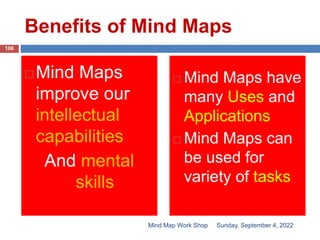 Benefits of Mind Maps
 Mind Maps
improve our
intellectual
capabilities
And mental
skills
 Mind Maps have
many Uses and
Applications
 Mind Maps can
be used for
variety of tasks
Sunday, September 4, 2022
106
Mind Map Work Shop
 